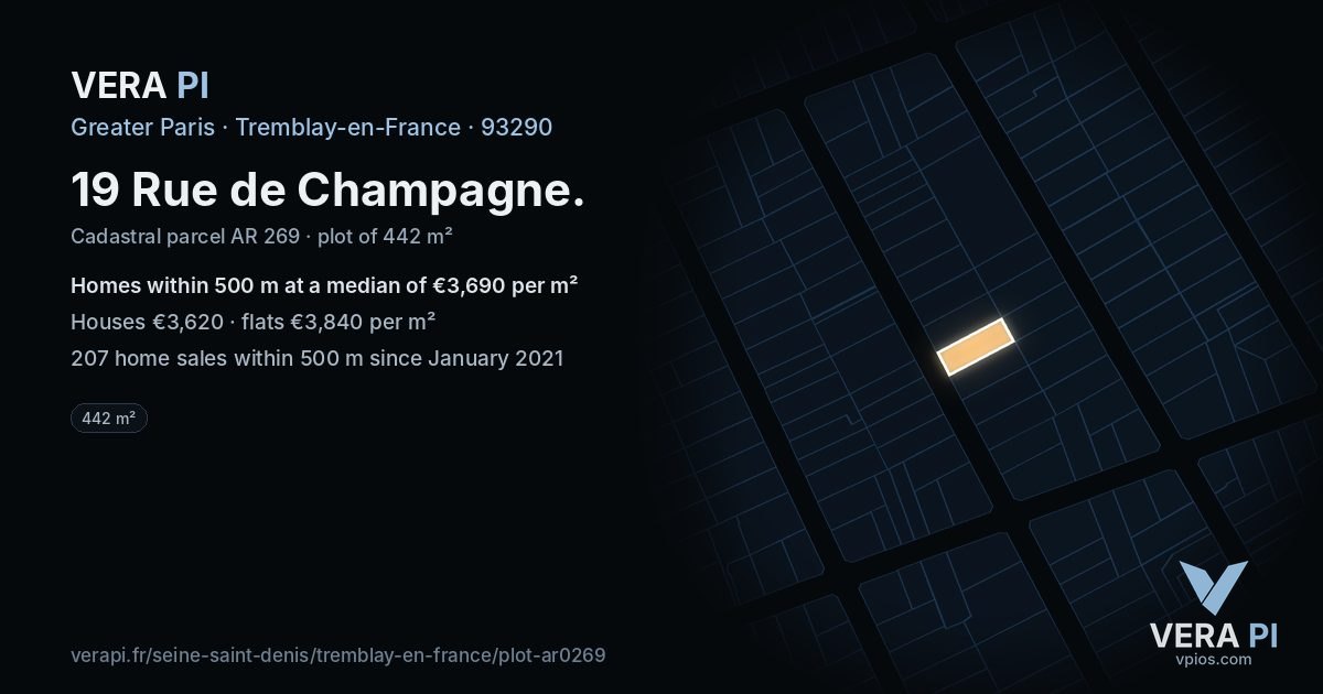 19 Rue de Champagne, Tremblay-en-France at night – the plot lit, the parcels around coloured by the prices near them