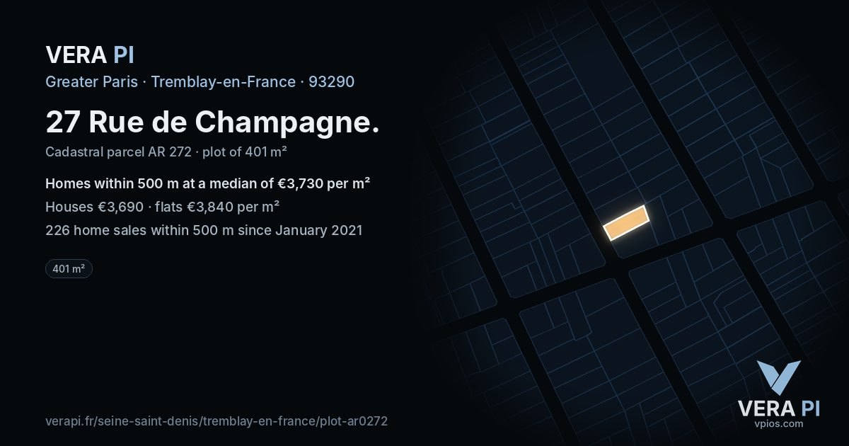 27 Rue de Champagne, Tremblay-en-France at night – the plot lit, the parcels around coloured by the prices near them