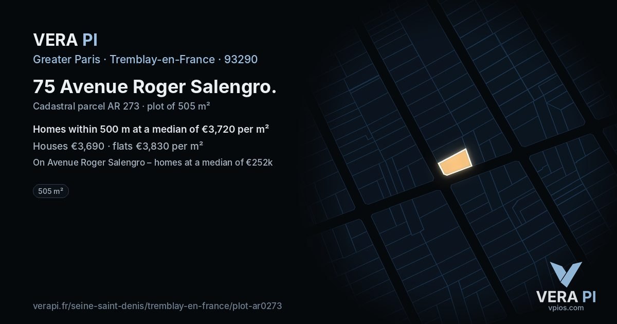 75 Avenue Roger Salengro, Tremblay-en-France at night – the plot lit, the parcels around coloured by the prices near them