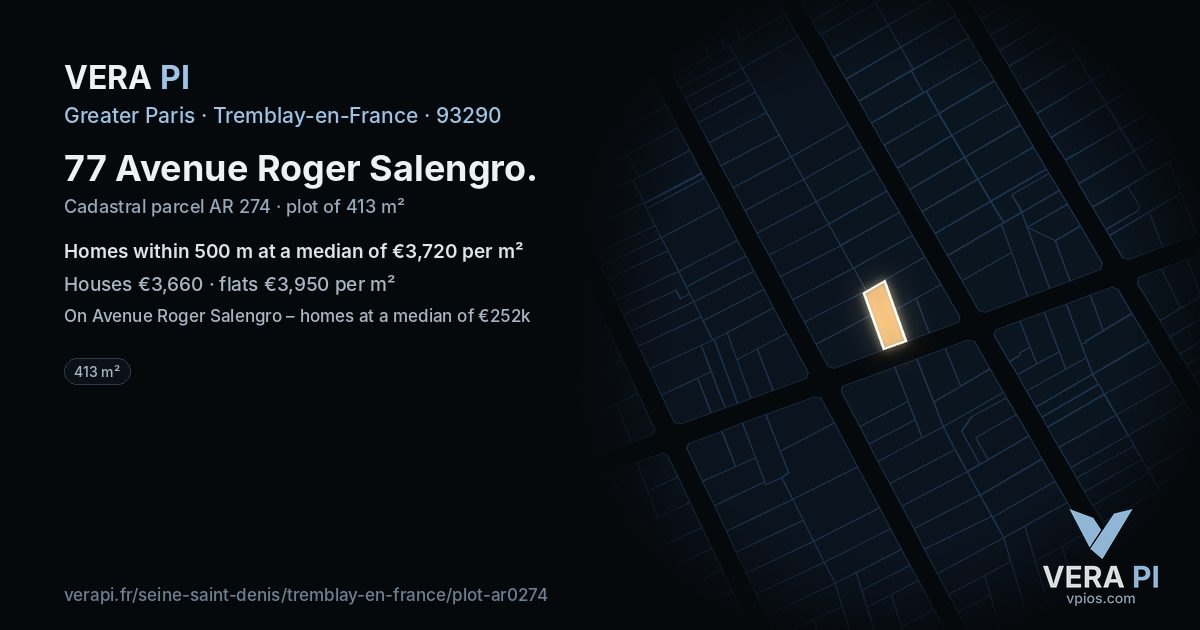 77 Avenue Roger Salengro, Tremblay-en-France at night – the plot lit, the parcels around coloured by the prices near them