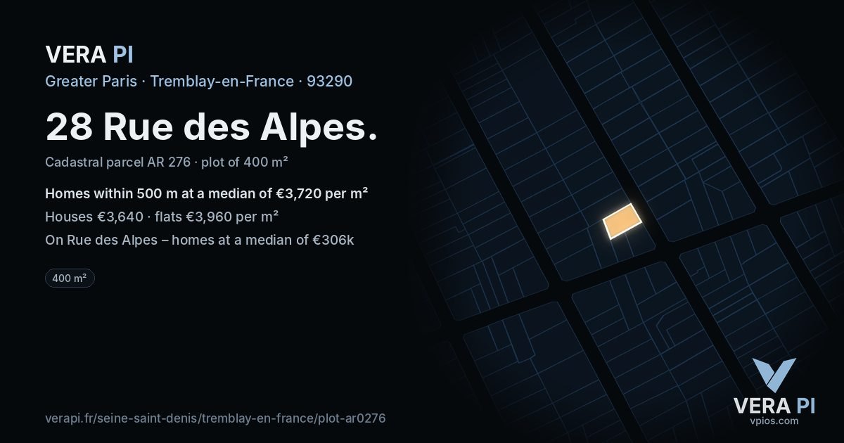 28 Rue des Alpes, Tremblay-en-France at night – the plot lit, the parcels around coloured by the prices near them