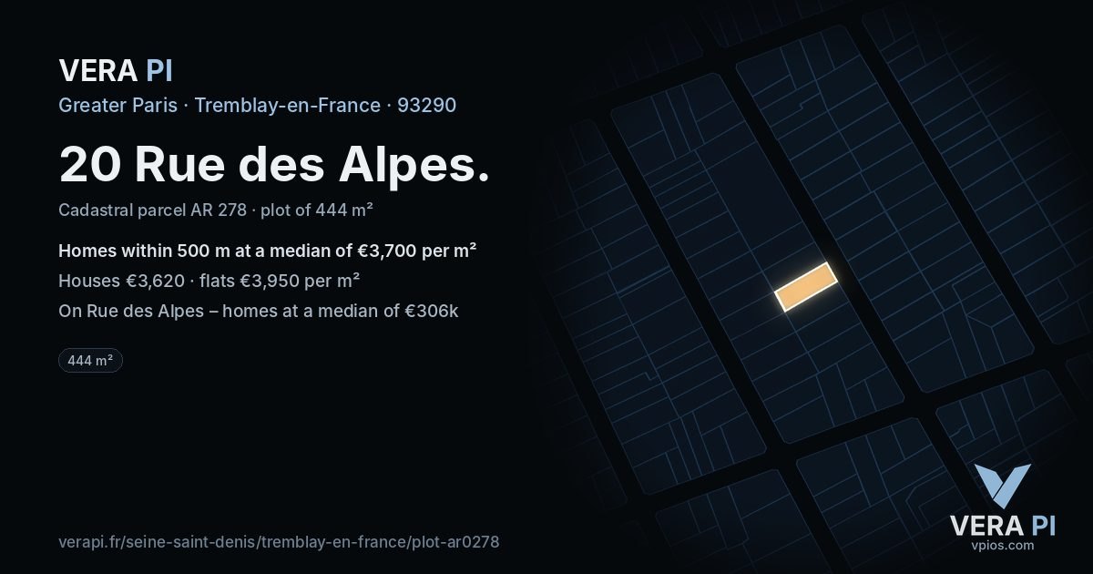 20 Rue des Alpes, Tremblay-en-France at night – the plot lit, the parcels around coloured by the prices near them