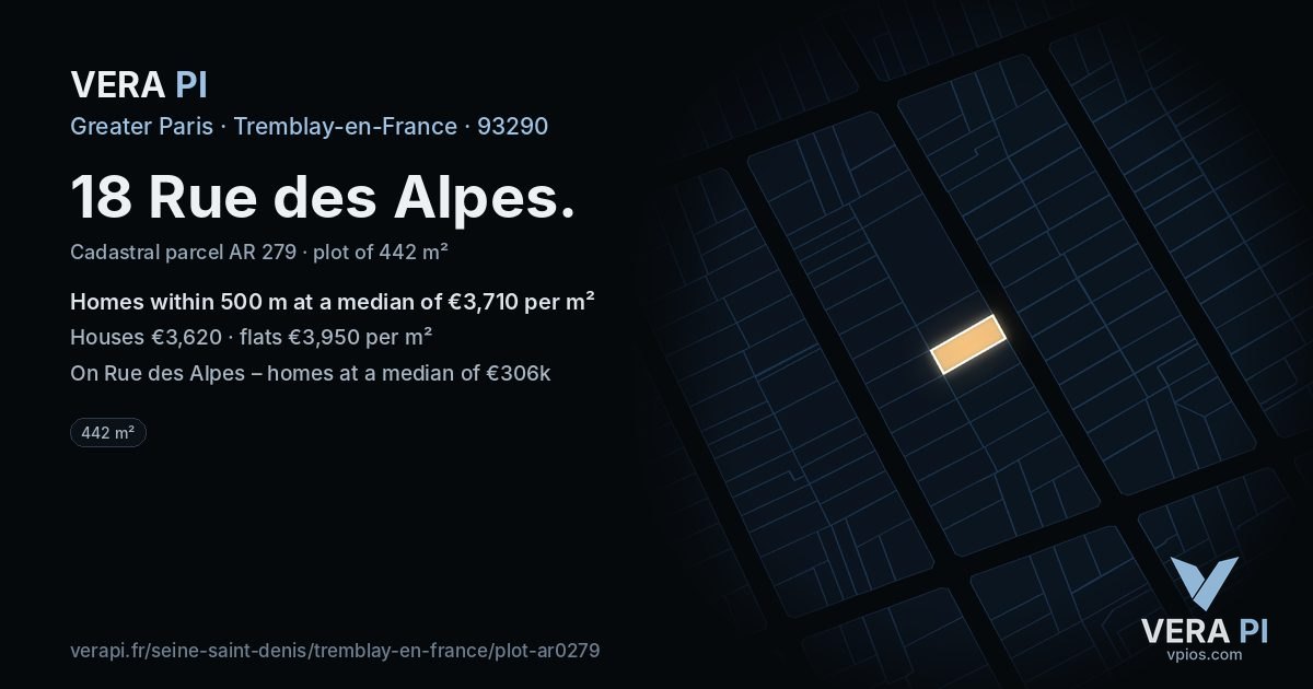 18 Rue des Alpes, Tremblay-en-France at night – the plot lit, the parcels around coloured by the prices near them