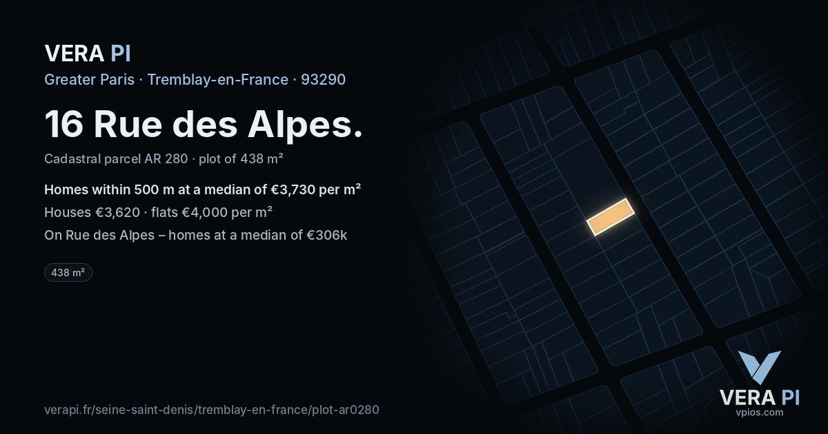 16 Rue des Alpes, Tremblay-en-France at night – the plot lit, the parcels around coloured by the prices near them