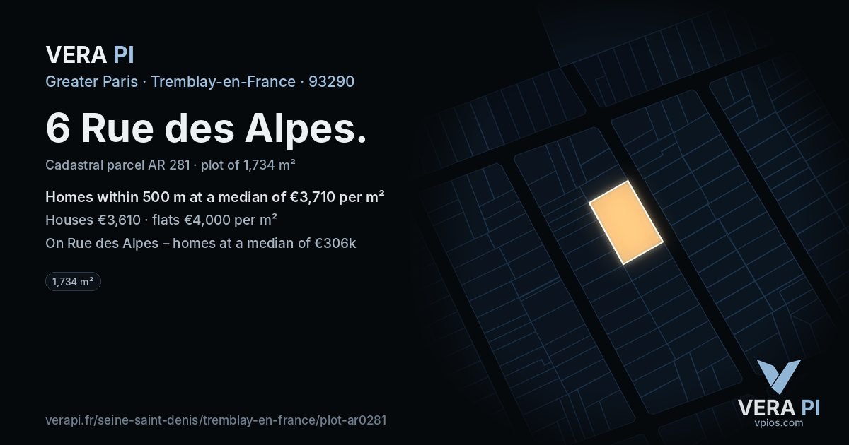 6 Rue des Alpes, Tremblay-en-France at night – the plot lit, the parcels around coloured by the prices near them