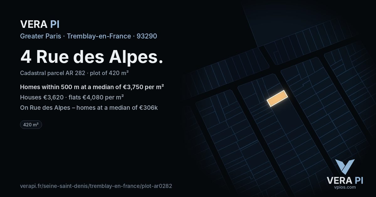 4 Rue des Alpes, Tremblay-en-France at night – the plot lit, the parcels around coloured by the prices near them