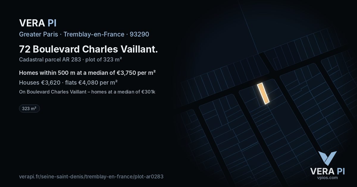 72 Boulevard Charles Vaillant, Tremblay-en-France at night – the plot lit, the parcels around coloured by the prices near them