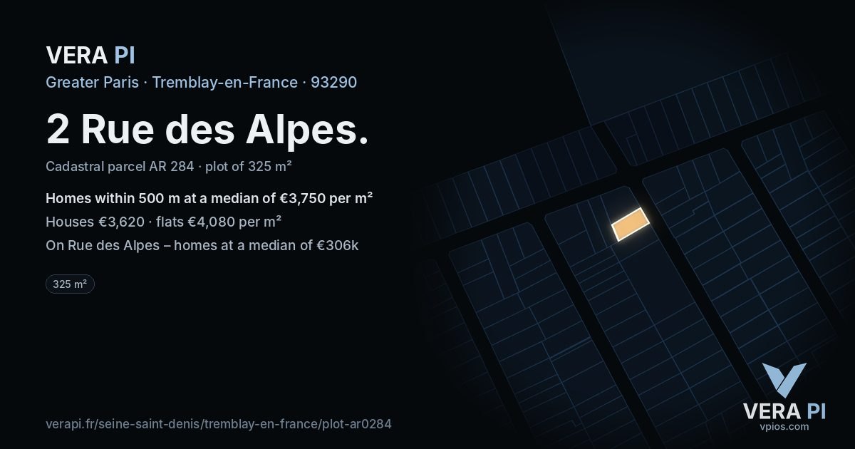 2 Rue des Alpes, Tremblay-en-France at night – the plot lit, the parcels around coloured by the prices near them