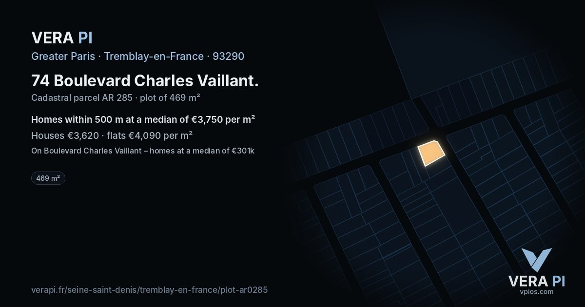 74 Boulevard Charles Vaillant, Tremblay-en-France at night – the plot lit, the parcels around coloured by the prices near them