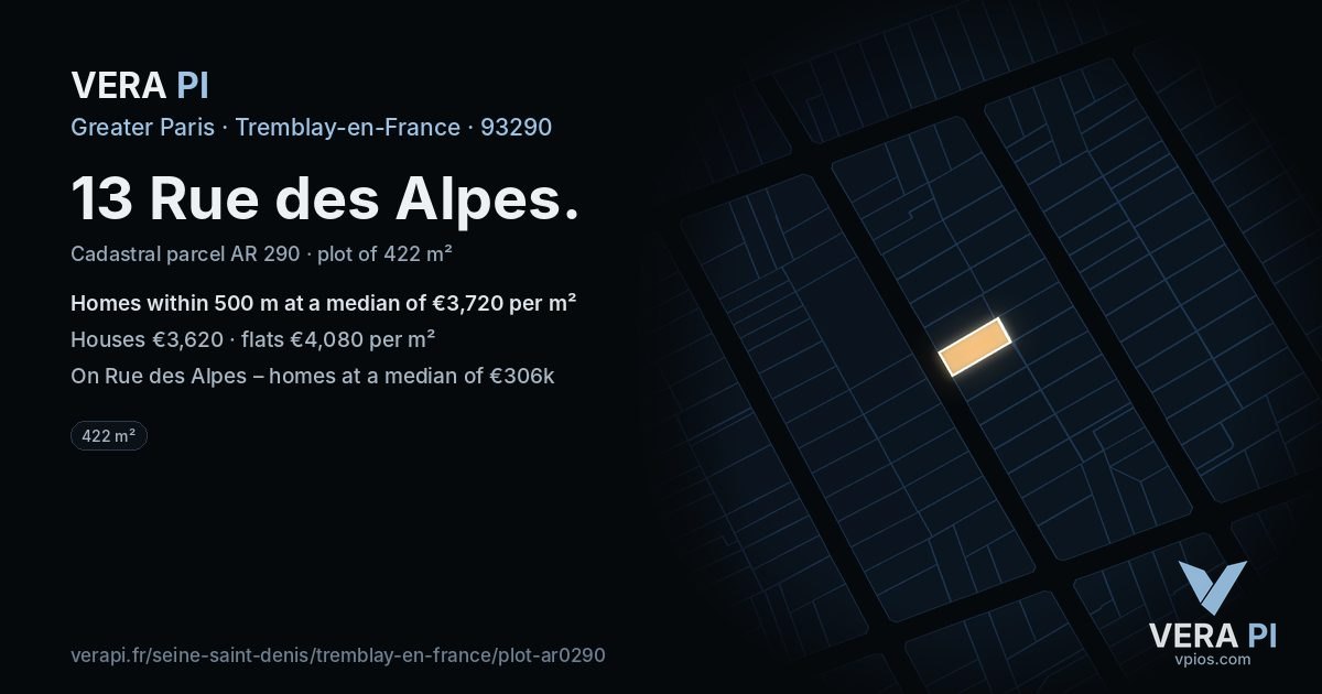 13 Rue des Alpes, Tremblay-en-France at night – the plot lit, the parcels around coloured by the prices near them