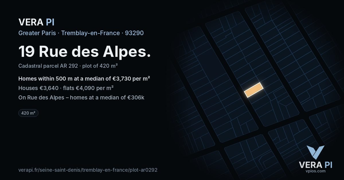 19 Rue des Alpes, Tremblay-en-France at night – the plot lit, the parcels around coloured by the prices near them