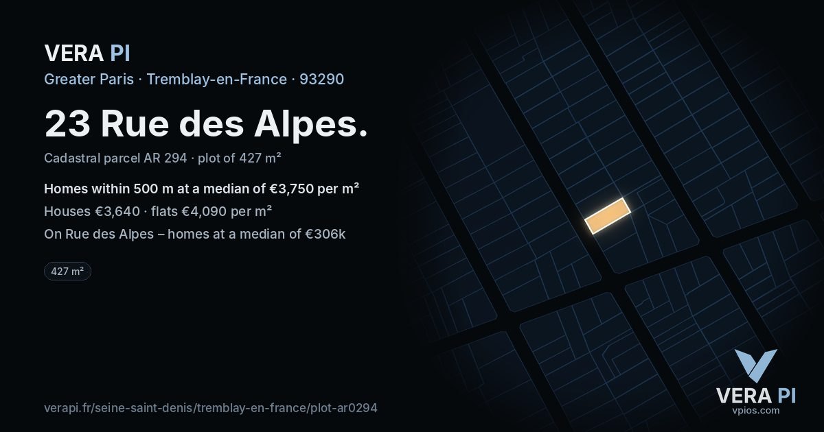23 Rue des Alpes, Tremblay-en-France at night – the plot lit, the parcels around coloured by the prices near them