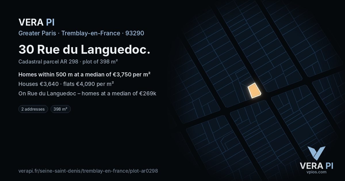 30 Rue du Languedoc, Tremblay-en-France at night – the plot lit, the parcels around coloured by the prices near them