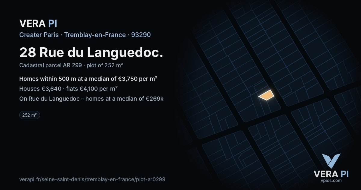28 Rue du Languedoc, Tremblay-en-France at night – the plot lit, the parcels around coloured by the prices near them