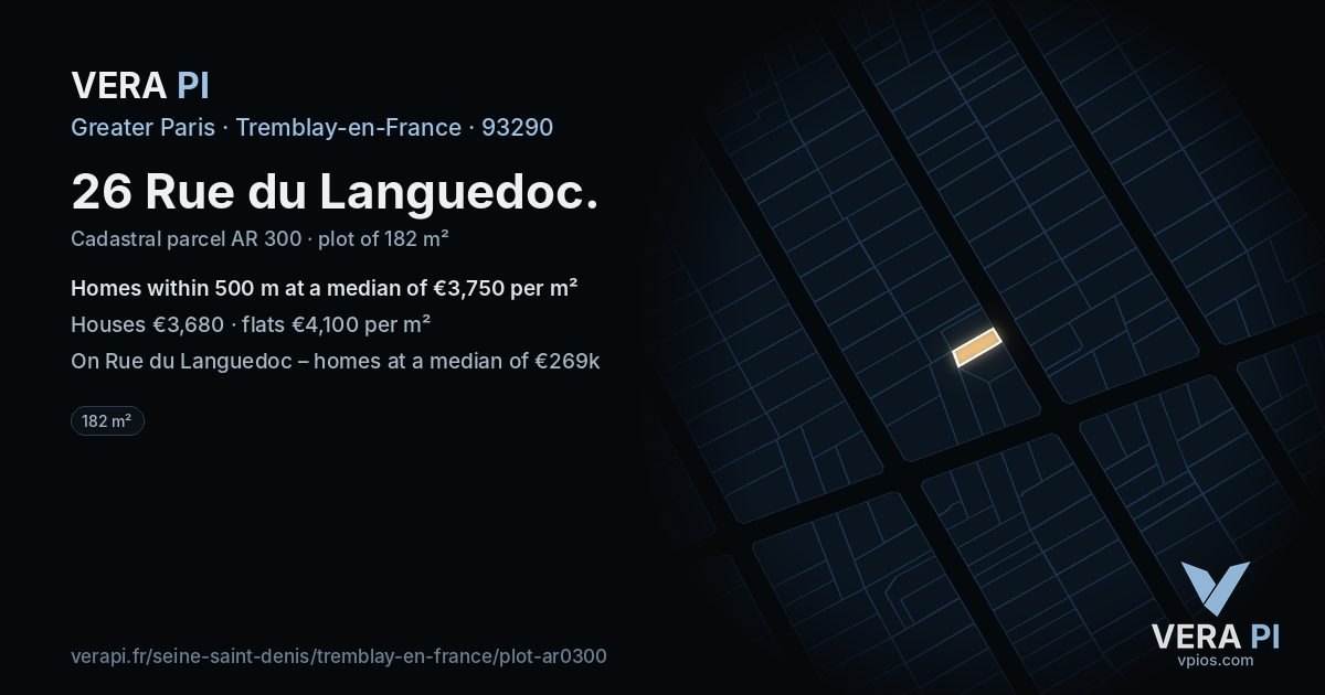 26 Rue du Languedoc, Tremblay-en-France at night – the plot lit, the parcels around coloured by the prices near them