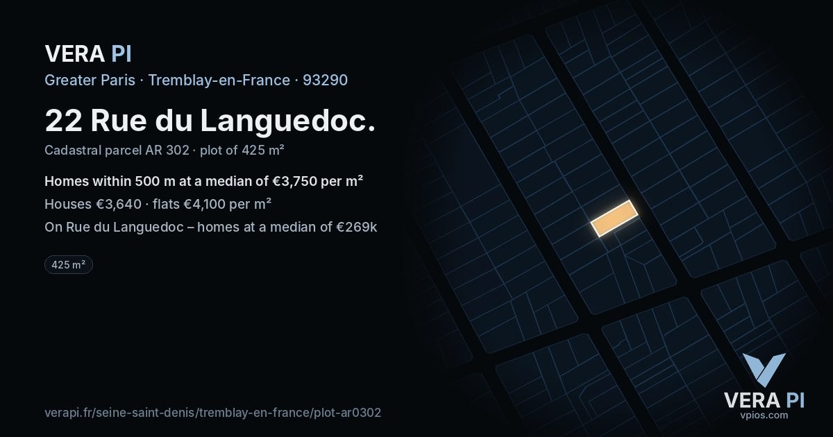 22 Rue du Languedoc, Tremblay-en-France at night – the plot lit, the parcels around coloured by the prices near them
