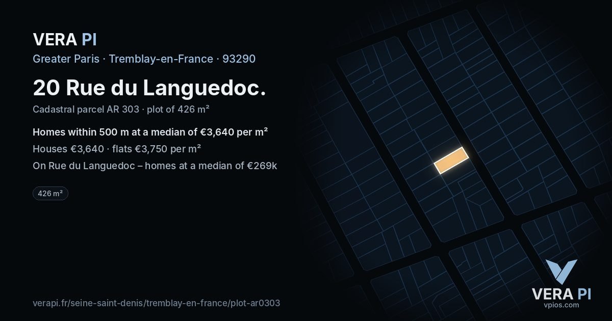 20 Rue du Languedoc, Tremblay-en-France at night – the plot lit, the parcels around coloured by the prices near them