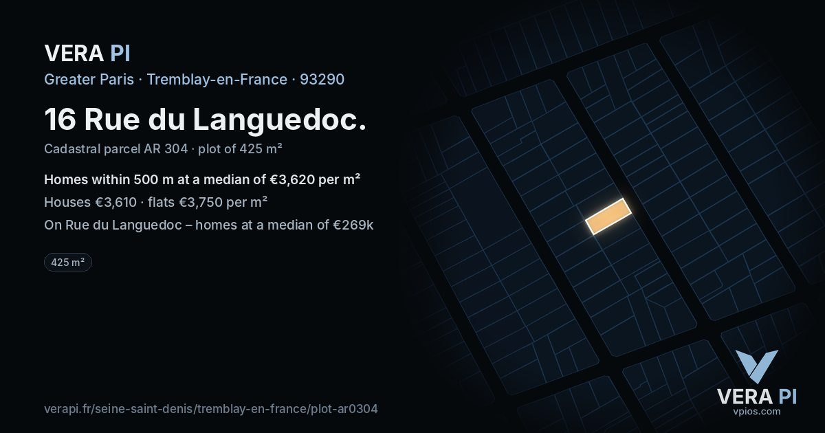 16 Rue du Languedoc, Tremblay-en-France at night – the plot lit, the parcels around coloured by the prices near them