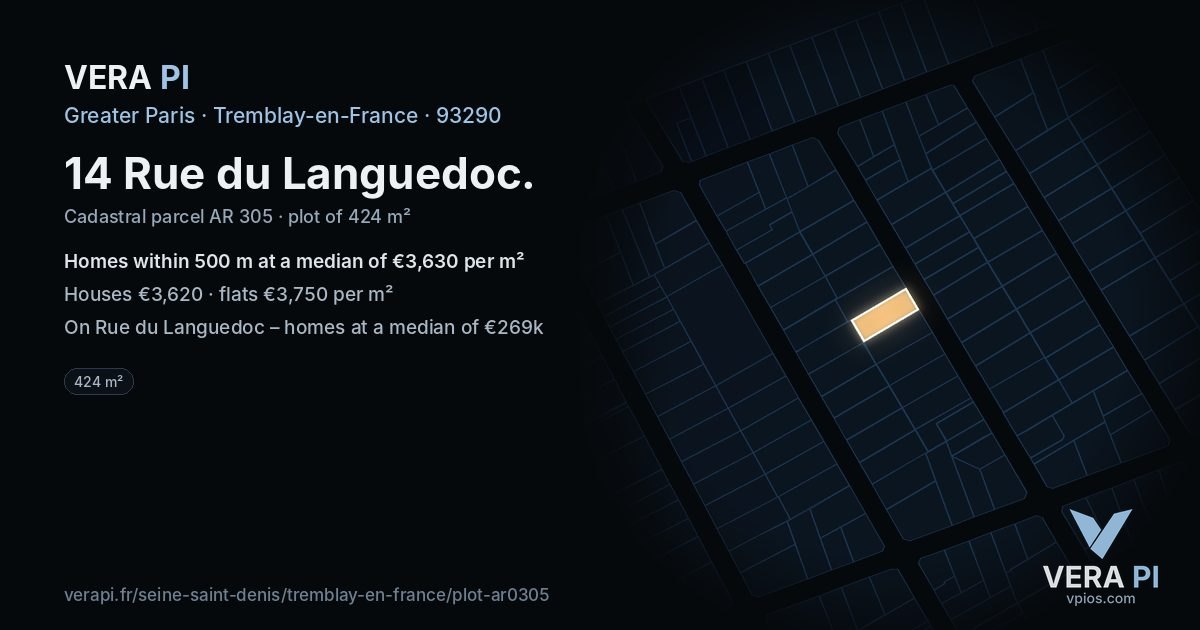 14 Rue du Languedoc, Tremblay-en-France at night – the plot lit, the parcels around coloured by the prices near them