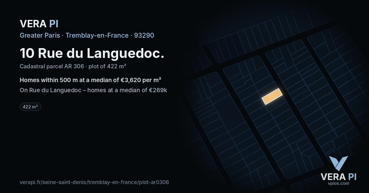 10 Rue du Languedoc, Tremblay-en-France at night – the plot lit, the parcels around coloured by the prices near them