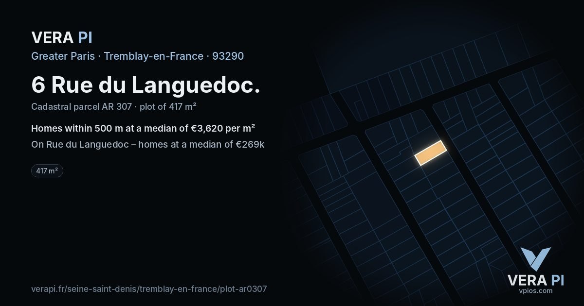 6 Rue du Languedoc, Tremblay-en-France at night – the plot lit, the parcels around coloured by the prices near them