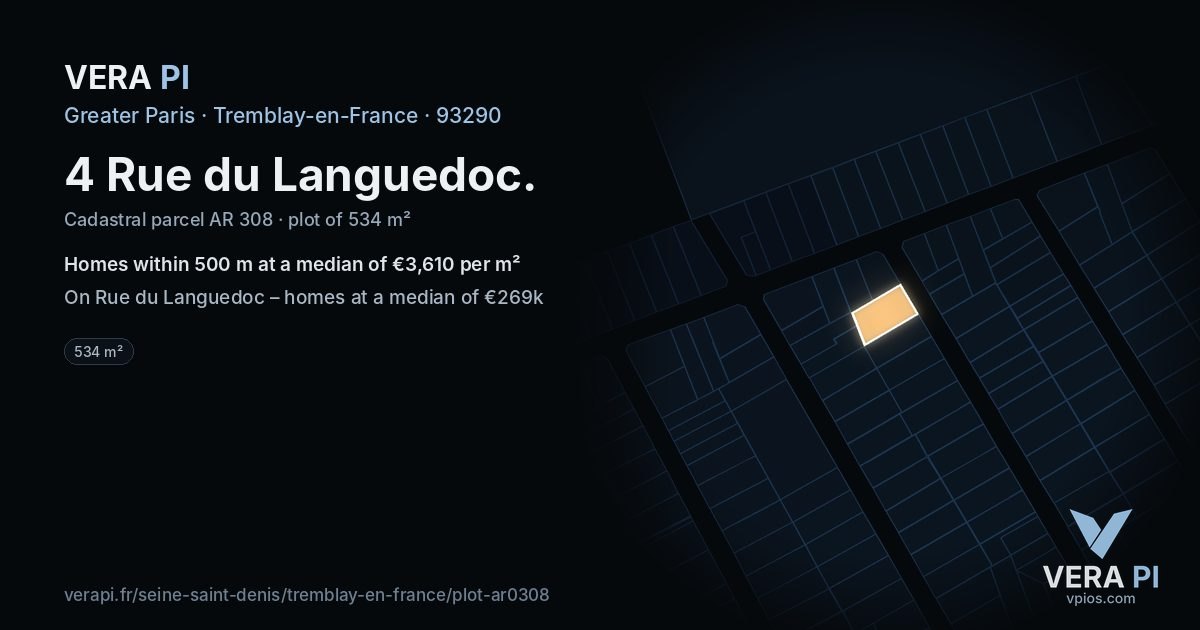 4 Rue du Languedoc, Tremblay-en-France at night – the plot lit, the parcels around coloured by the prices near them