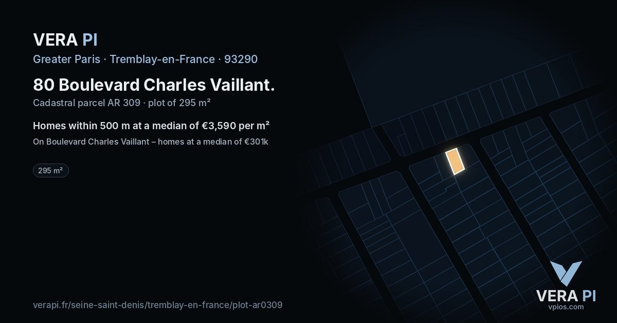 80 Boulevard Charles Vaillant, Tremblay-en-France at night – the plot lit, the parcels around coloured by the prices near them