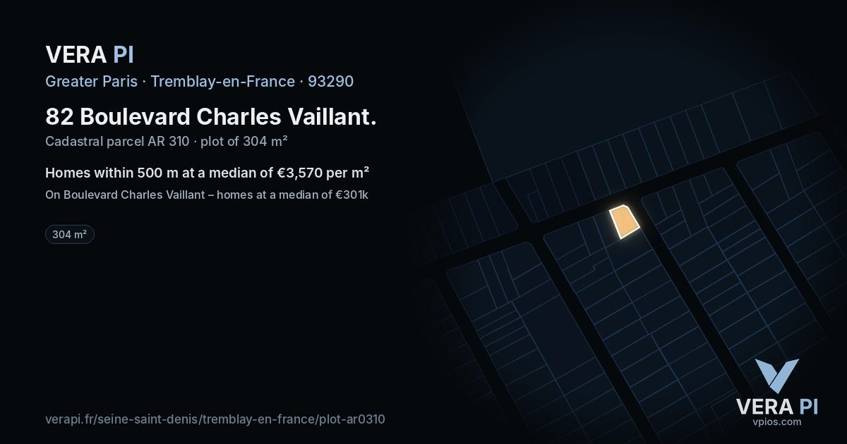 82 Boulevard Charles Vaillant, Tremblay-en-France at night – the plot lit, the parcels around coloured by the prices near them