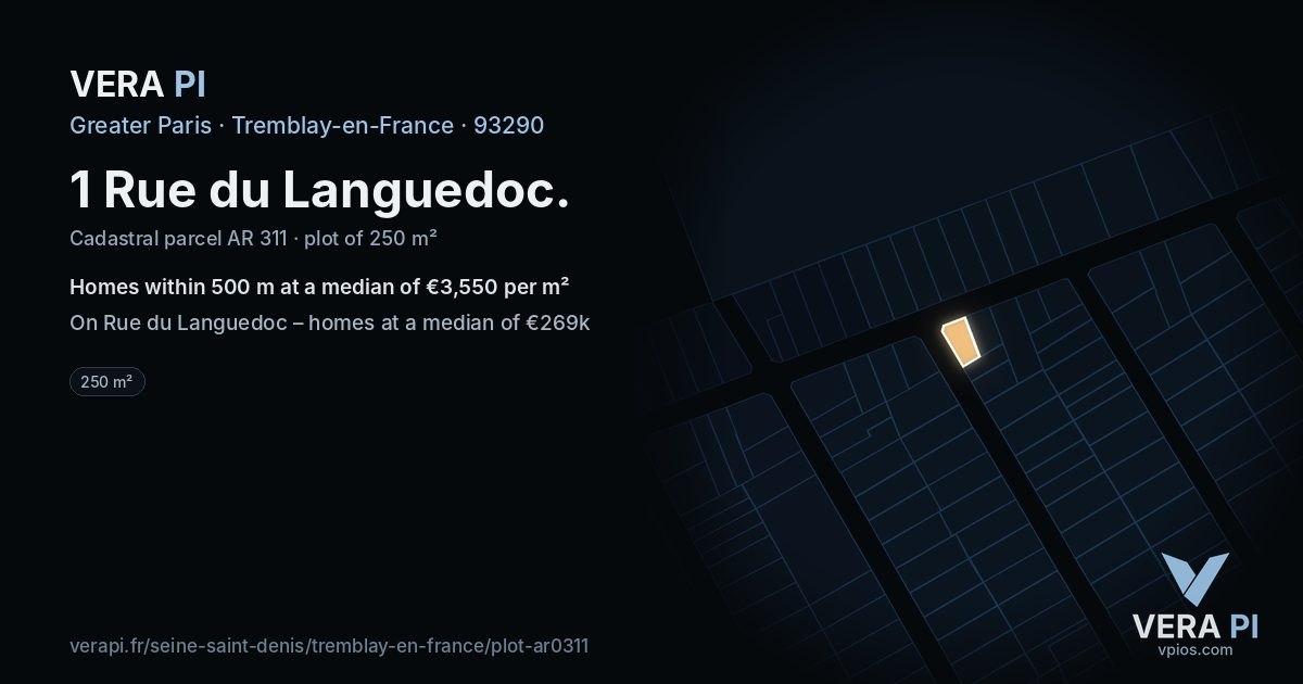 1 Rue du Languedoc, Tremblay-en-France at night – the plot lit, the parcels around coloured by the prices near them