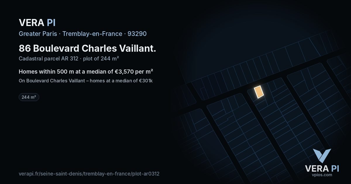 86 Boulevard Charles Vaillant, Tremblay-en-France at night – the plot lit, the parcels around coloured by the prices near them