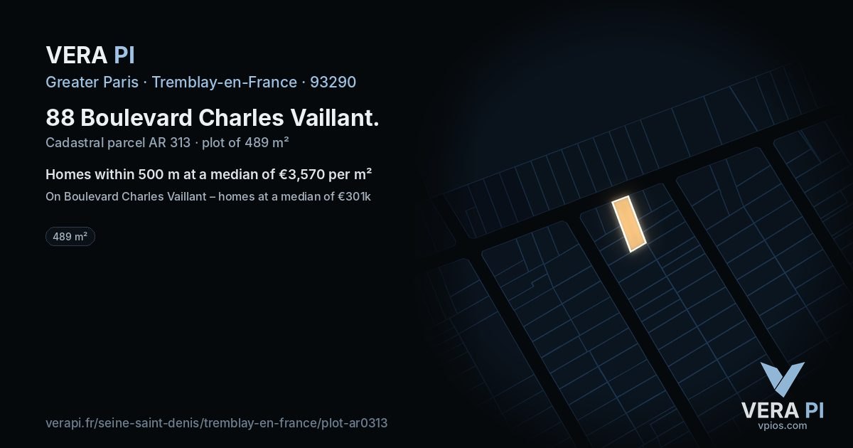 88 Boulevard Charles Vaillant, Tremblay-en-France at night – the plot lit, the parcels around coloured by the prices near them