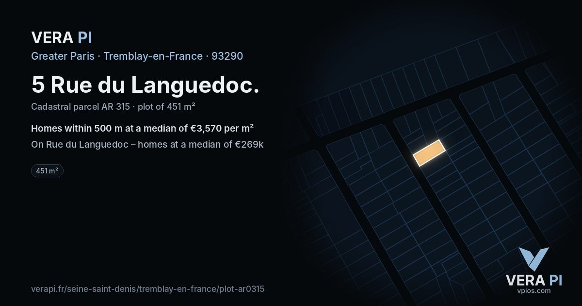 5 Rue du Languedoc, Tremblay-en-France at night – the plot lit, the parcels around coloured by the prices near them