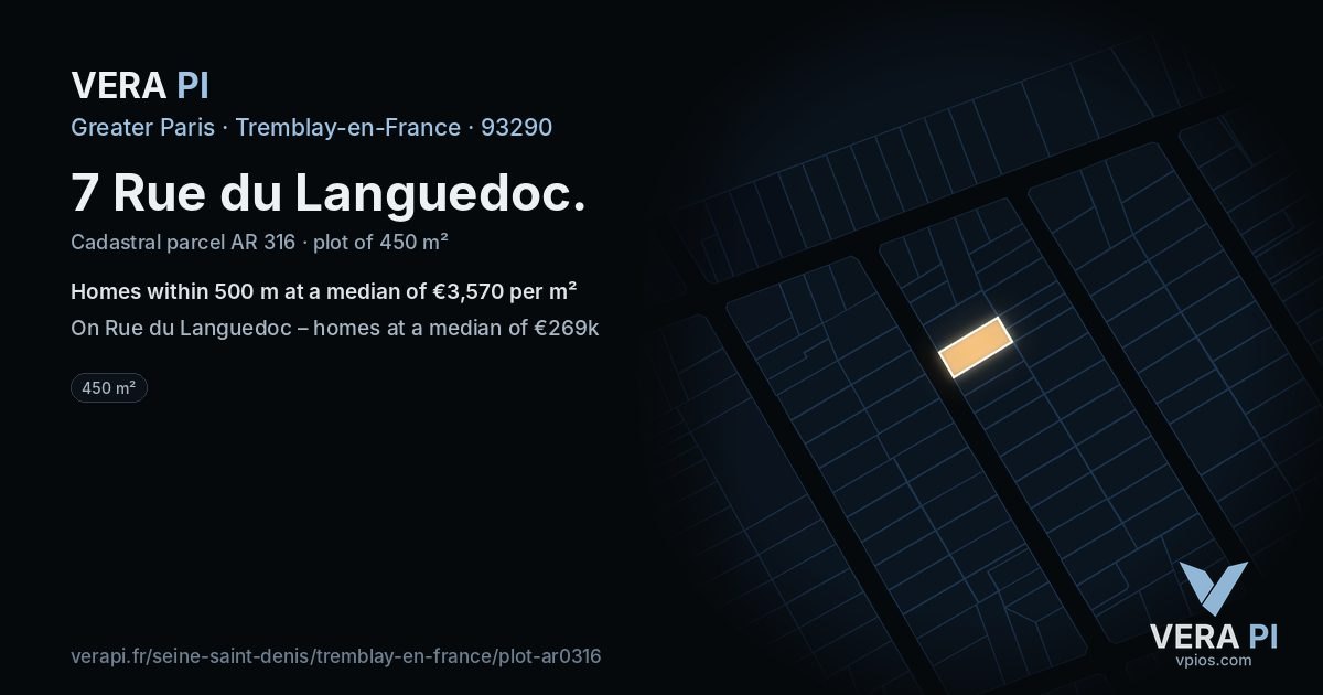 7 Rue du Languedoc, Tremblay-en-France at night – the plot lit, the parcels around coloured by the prices near them