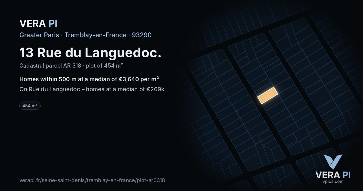 13 Rue du Languedoc, Tremblay-en-France at night – the plot lit, the parcels around coloured by the prices near them