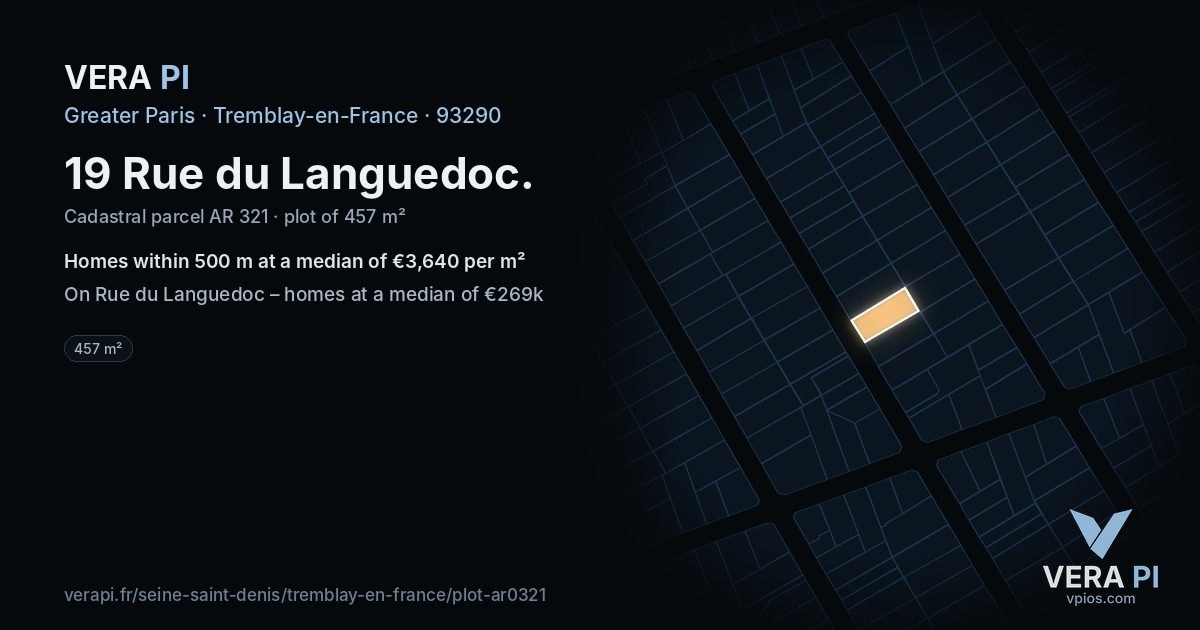 19 Rue du Languedoc, Tremblay-en-France at night – the plot lit, the parcels around coloured by the prices near them