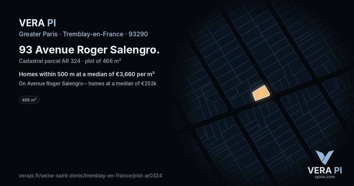 93 Avenue Roger Salengro, Tremblay-en-France at night – the plot lit, the parcels around coloured by the prices near them