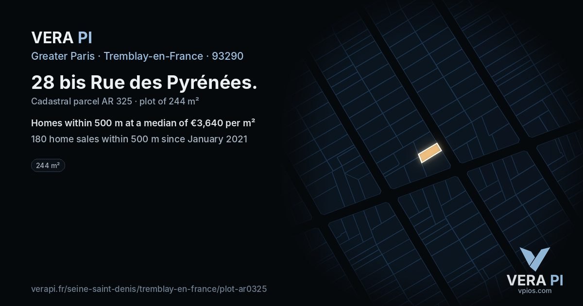 28 bis Rue des Pyrénées, Tremblay-en-France at night – the plot lit, the parcels around coloured by the prices near them