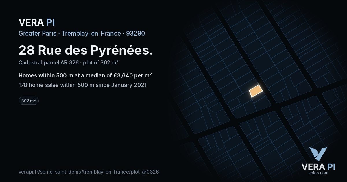 28 Rue des Pyrénées, Tremblay-en-France at night – the plot lit, the parcels around coloured by the prices near them