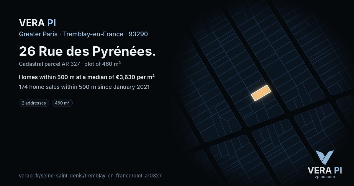 26 Rue des Pyrénées, Tremblay-en-France at night – the plot lit, the parcels around coloured by the prices near them