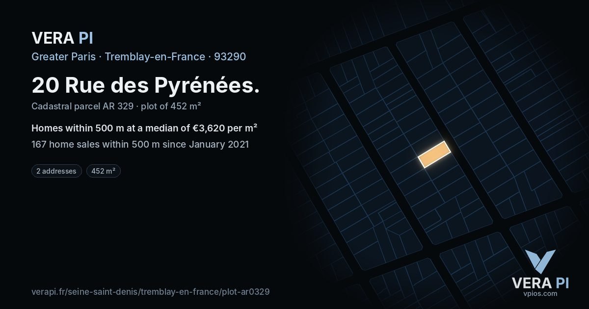 20 Rue des Pyrénées, Tremblay-en-France at night – the plot lit, the parcels around coloured by the prices near them