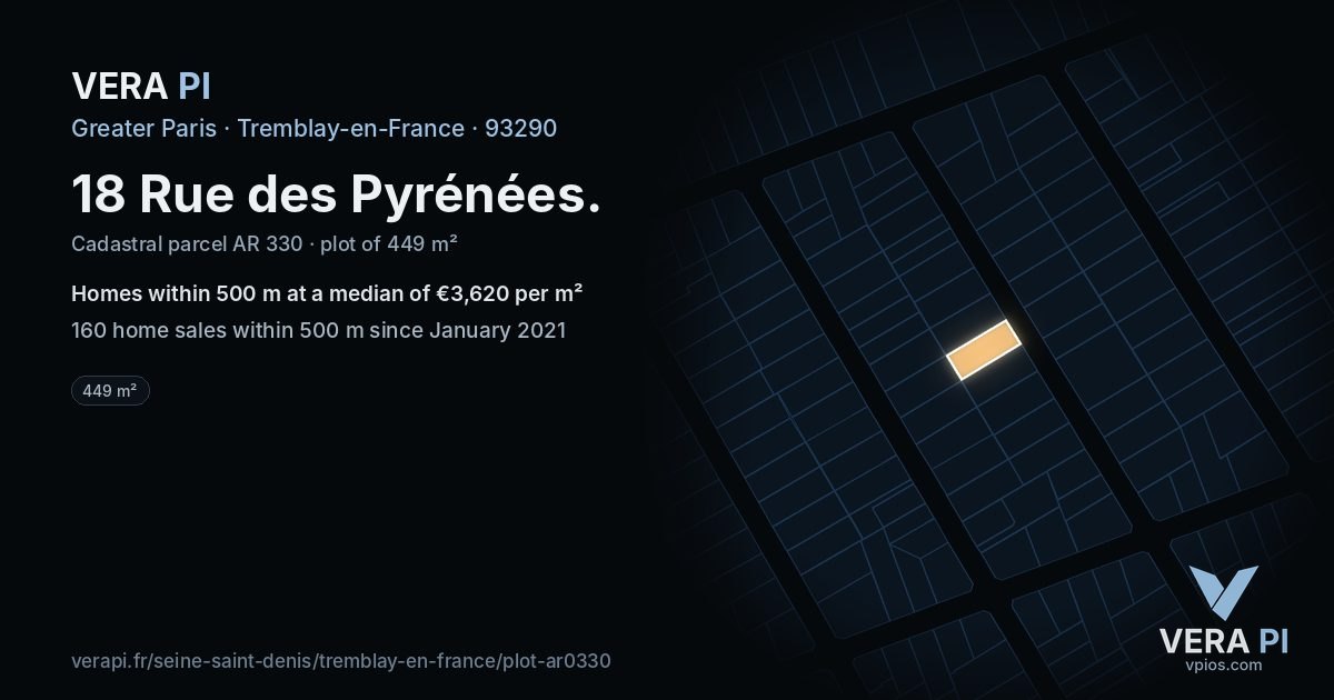18 Rue des Pyrénées, Tremblay-en-France at night – the plot lit, the parcels around coloured by the prices near them