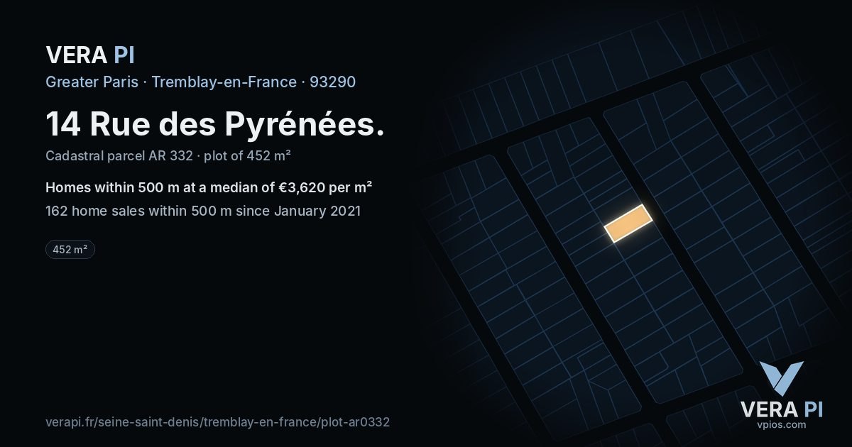 14 Rue des Pyrénées, Tremblay-en-France at night – the plot lit, the parcels around coloured by the prices near them