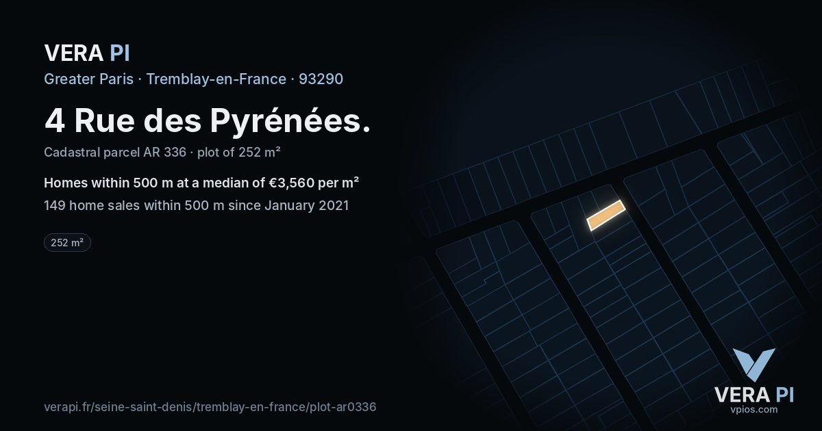 4 Rue des Pyrénées, Tremblay-en-France at night – the plot lit, the parcels around coloured by the prices near them
