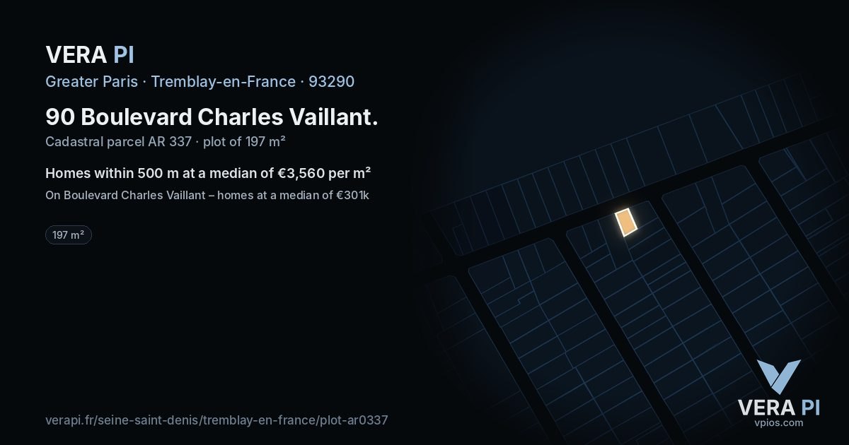 90 Boulevard Charles Vaillant, Tremblay-en-France at night – the plot lit, the parcels around coloured by the prices near them