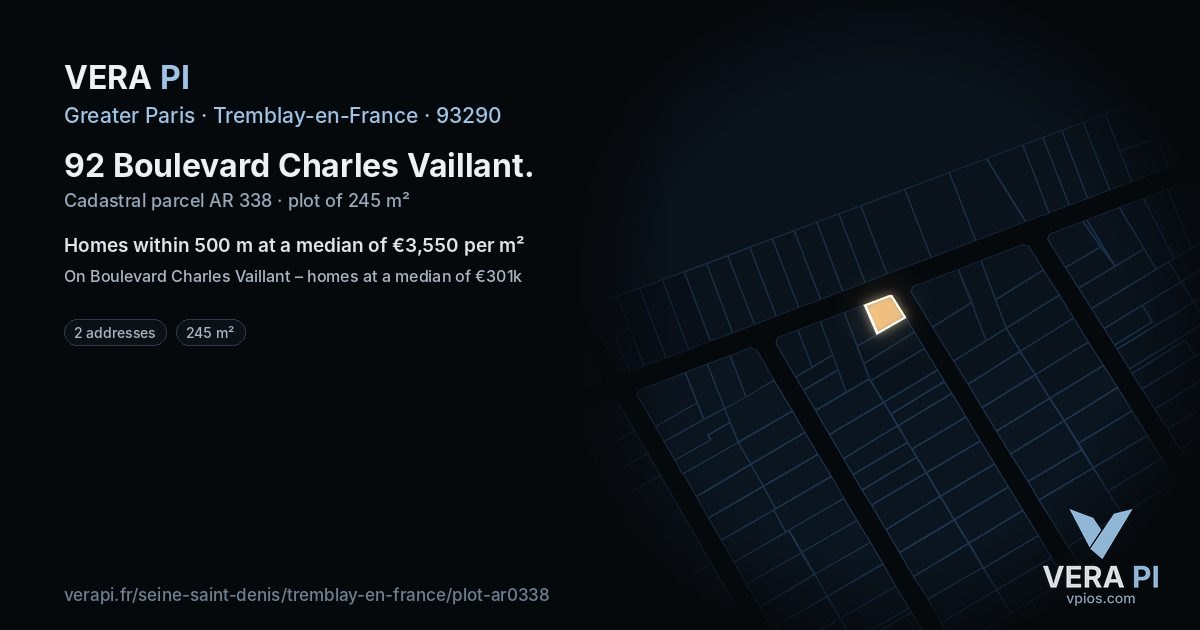 92 Boulevard Charles Vaillant, Tremblay-en-France at night – the plot lit, the parcels around coloured by the prices near them