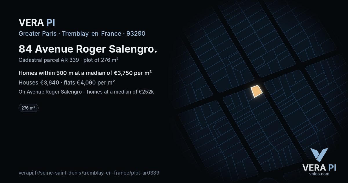 84 Avenue Roger Salengro, Tremblay-en-France at night – the plot lit, the parcels around coloured by the prices near them