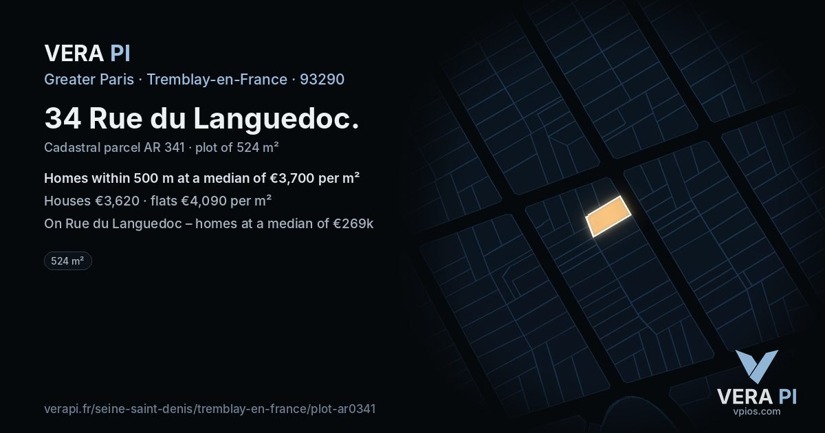 34 Rue du Languedoc, Tremblay-en-France at night – the plot lit, the parcels around coloured by the prices near them
