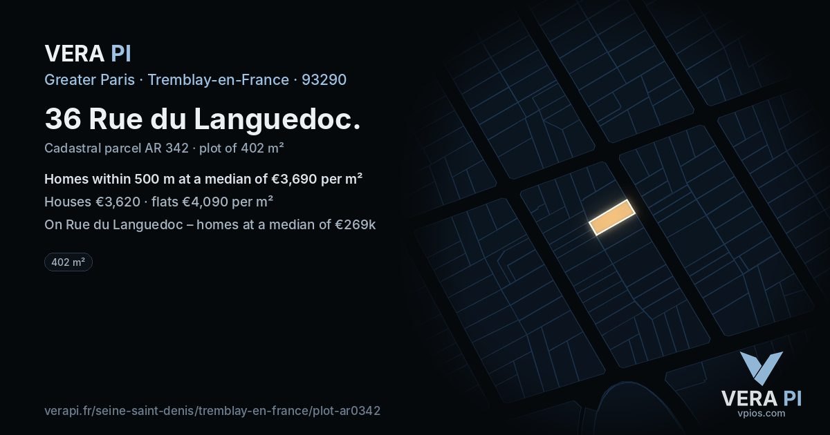 36 Rue du Languedoc, Tremblay-en-France at night – the plot lit, the parcels around coloured by the prices near them