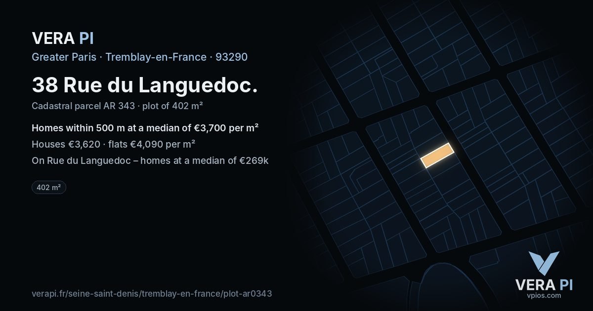 38 Rue du Languedoc, Tremblay-en-France at night – the plot lit, the parcels around coloured by the prices near them