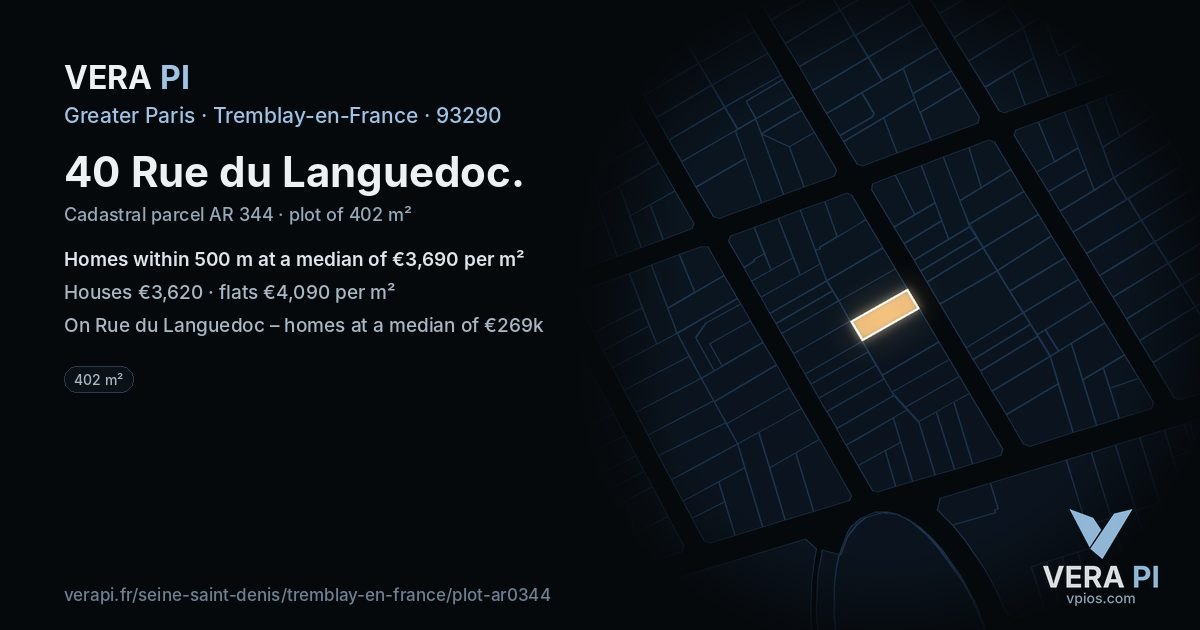 40 Rue du Languedoc, Tremblay-en-France at night – the plot lit, the parcels around coloured by the prices near them